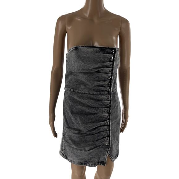 Retrofete Acid Gray Denim Chambray Jean Strapless Ruched Megh Dress - Picture 4 of 12